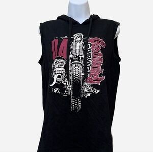 Black Sleeveless Hoodie Tank Top with Graphic Motorcycle Print